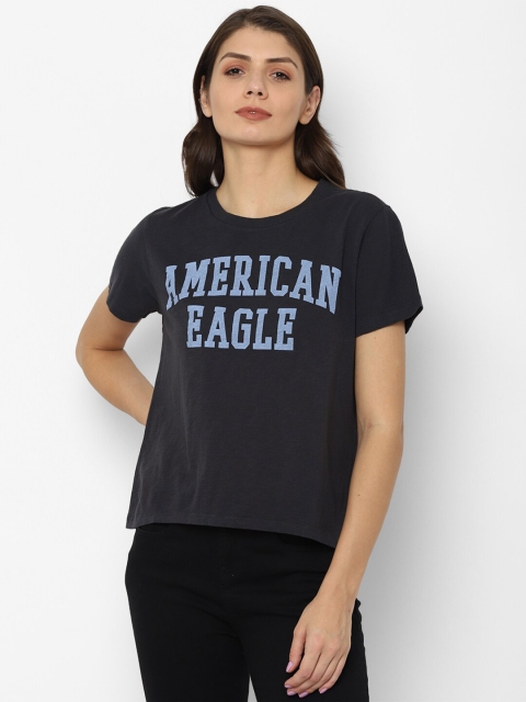 

AMERICAN EAGLE OUTFITTERS Women Black Round Neck Pure Cotton T-shirt