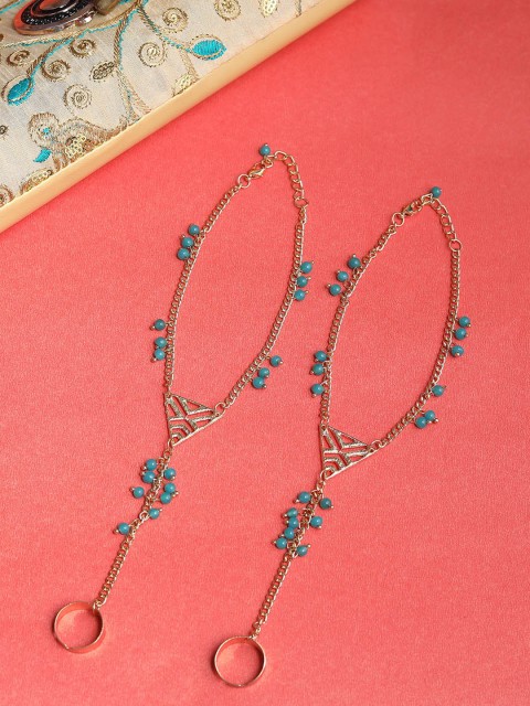 

Blueberry Gold-Toned & Turquoise Blue Beaded Multistranded Ring Anklets