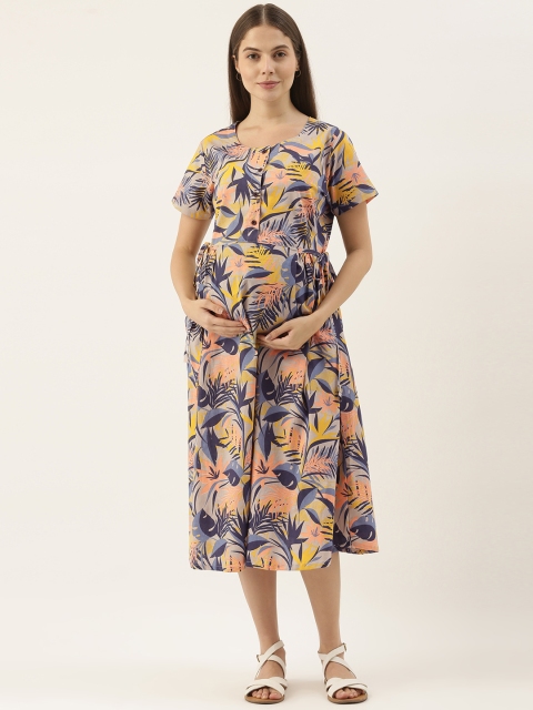 

Nejo Navy Blue & Yellow Floral Maternity Midi Dress