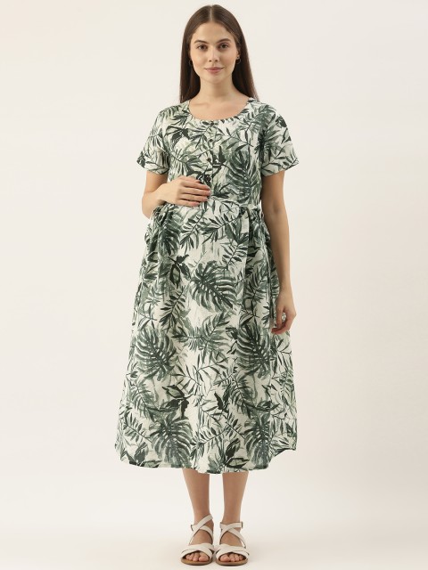 

Nejo Green & Off White Floral Linen-Blend Maternity Midi Dress
