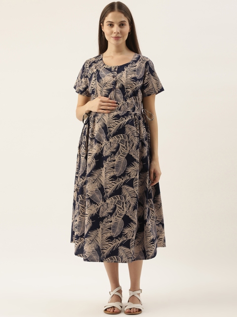 

Nejo Navy Blue & Beige Floral Maternity Midi Dress