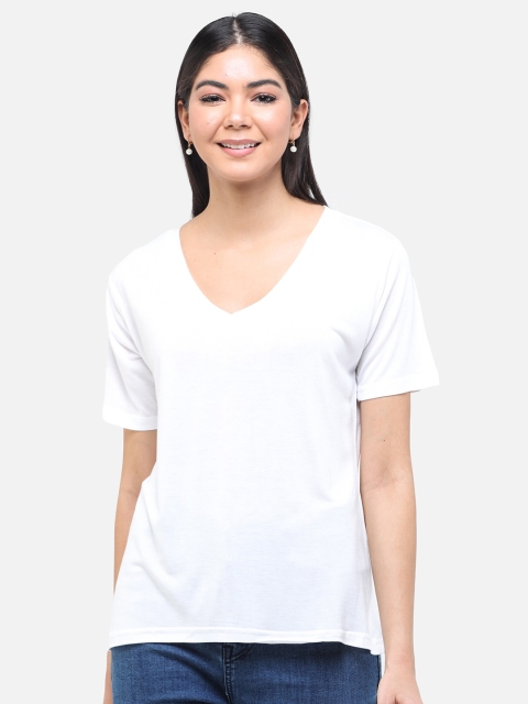 

DECHEN Women White Solid V-Neck T-shirt