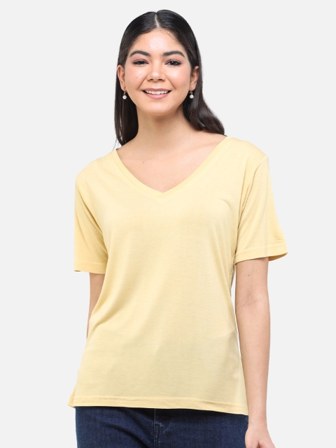 

DECHEN Women Yellow Solid V-Neck T-shirt