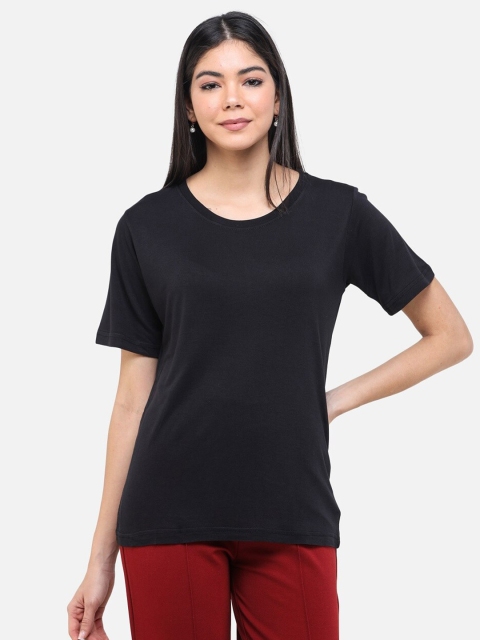 

DECHEN Women Black Solid Round Neck T-shirt