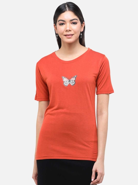 

DECHEN Women Orange Printed Round Neck T-shirt
