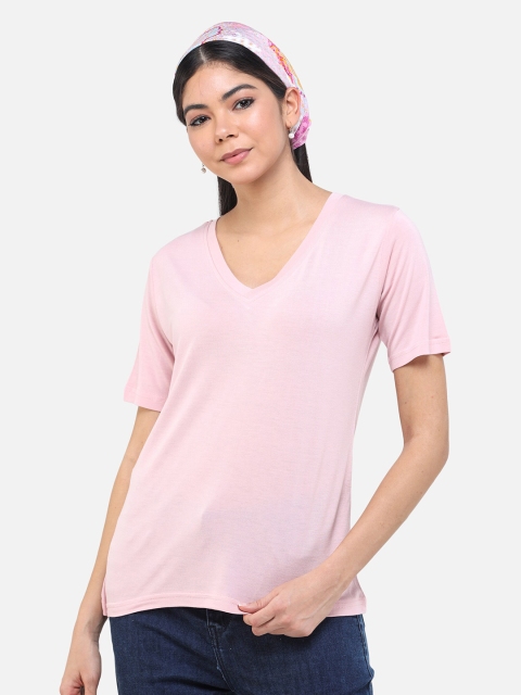 

DECHEN Women Pink Solid V-Neck T-shirt