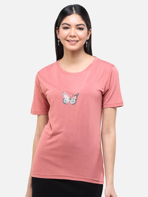 

DECHEN Women Peach-Coloured Solid Scoop Neck T-shirt