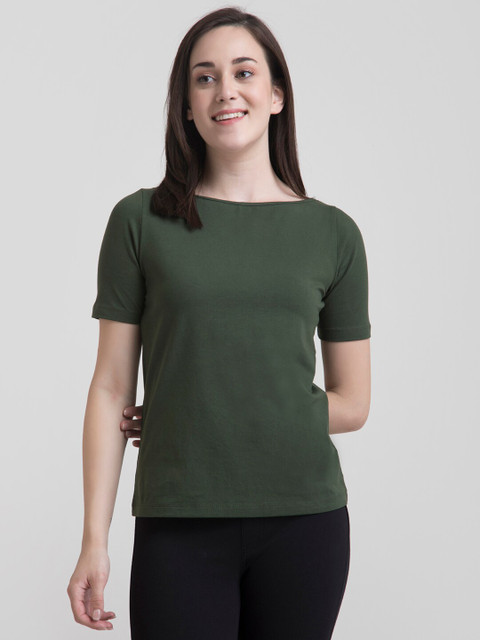 

FableStreet Women Olive Green Solid Boat Neck T-shirt