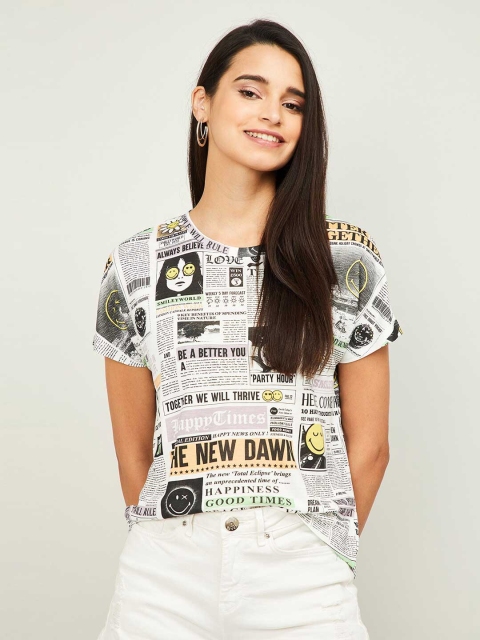 

SmileyWorld Women Off-White Printed Round Neck T-shirt