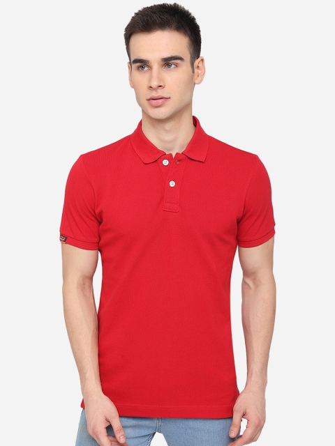 

JADE BLUE Men Red Solid Polo Collar Pure Cotton T-shirt