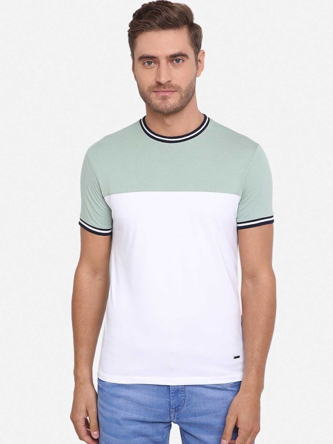 

JADE BLUE Men Green & White Colourblocked Pure Cotton Round Neck T-shirt