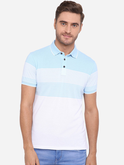 

JADE BLUE Men Blue & White Striped Polo Collar Pure Cotton T-shirt