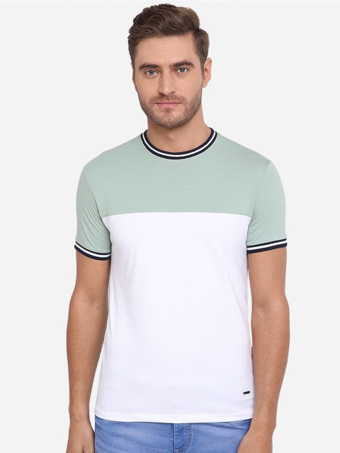 

JADE BLUE Men White Colourblocked Round Neck T-shirt