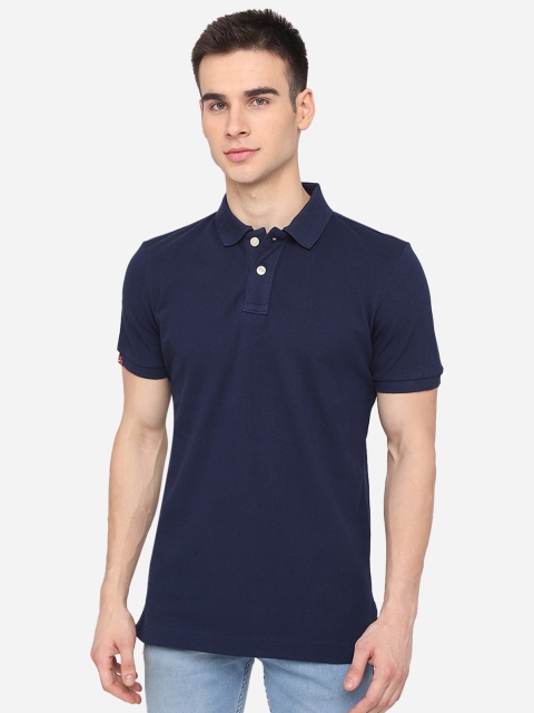 

JADE BLUE Men Navy Blue Solid Pure Cotton Polo Collar T-shirt