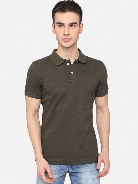 

JADE BLUE Men Olive Green Solid Pure Cotton Polo Collar T-shirt