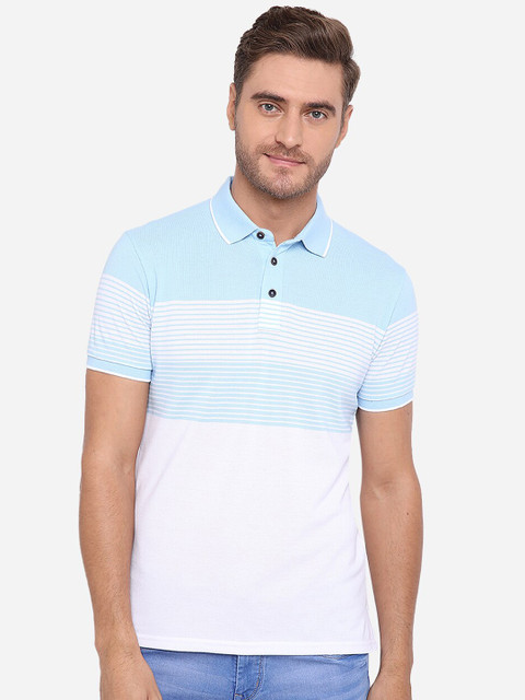 

JADE BLUE Men Blue & White Striped Pure Cotton Polo Collar T-shirt