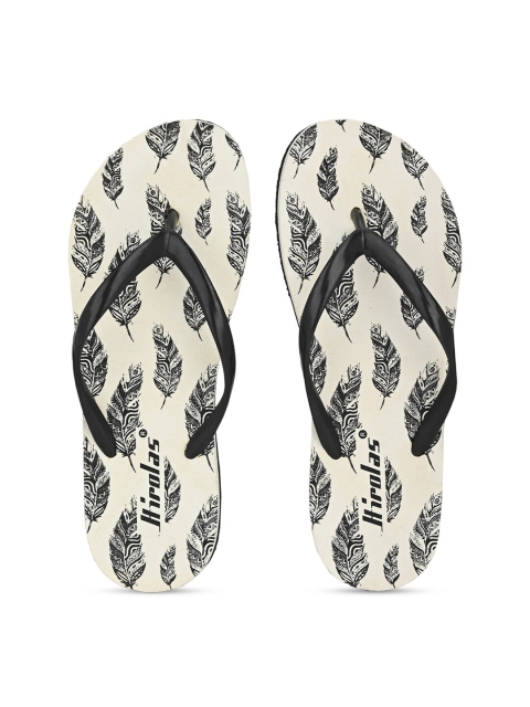 

HIROLAS Women Cream-Coloured & Black Printed Thong Flip-Flops