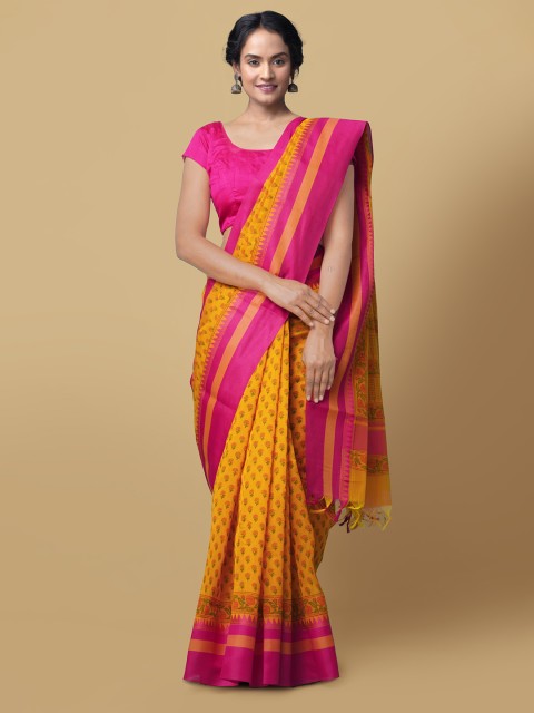 

Unnati Silks Yellow & Pink Silk Cotton Printed Chanderi Saree