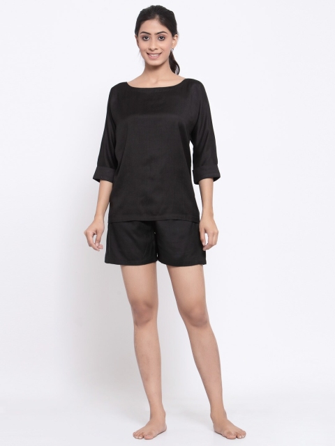 

DUGRI BE THE ONE Women Black Solid Pure Cotton Night Suit