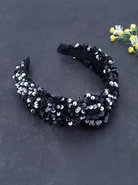

Golden Peacock Women Black & Silver-Toned Embellished Knotted Hairband