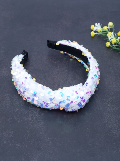 

Golden Peacock Women White Embellished Knotted Hairband