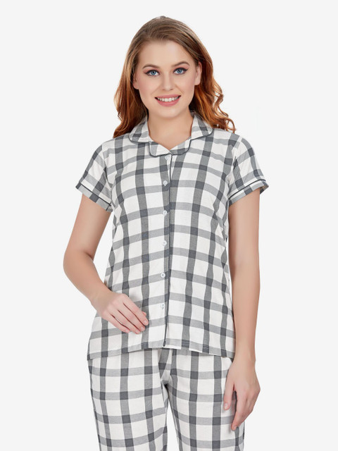 

Lenissa Women White & Grey Checked Cotton Night suit