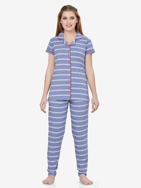 

Lenissa Women Blue & Grey Melange Striped Night suit