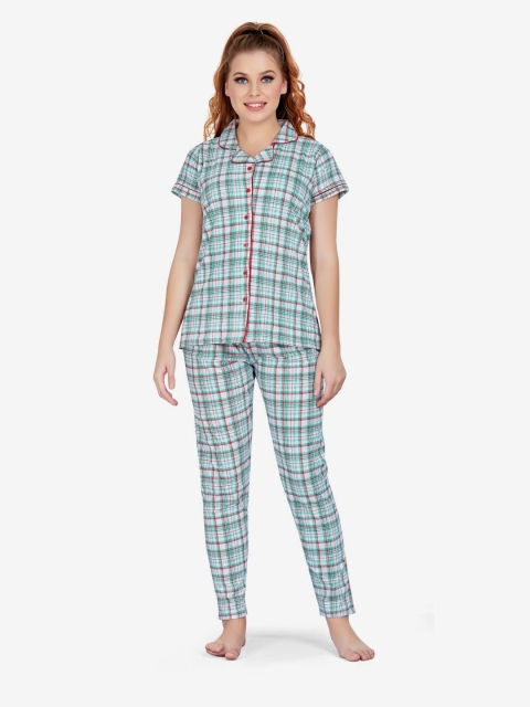 

Lenissa Women White & Green Checked Cotton Night suit