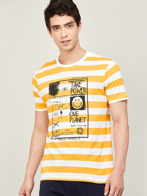 

SmileyWorld Men Yellow Striped & Printed Cotton Round Neck T-shirt
