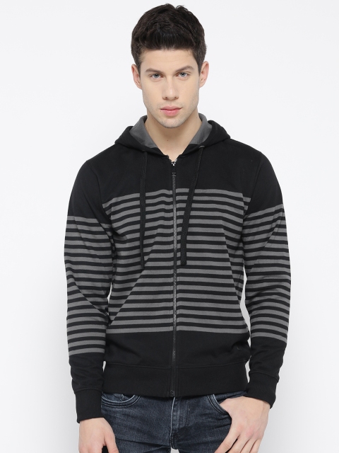 

Roadster Men Grey & Black Striped Hooded Sweatshirt