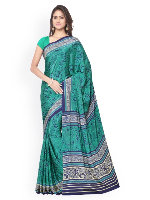 

Ligalz Blue & Green Crepe Paisley Print Saree