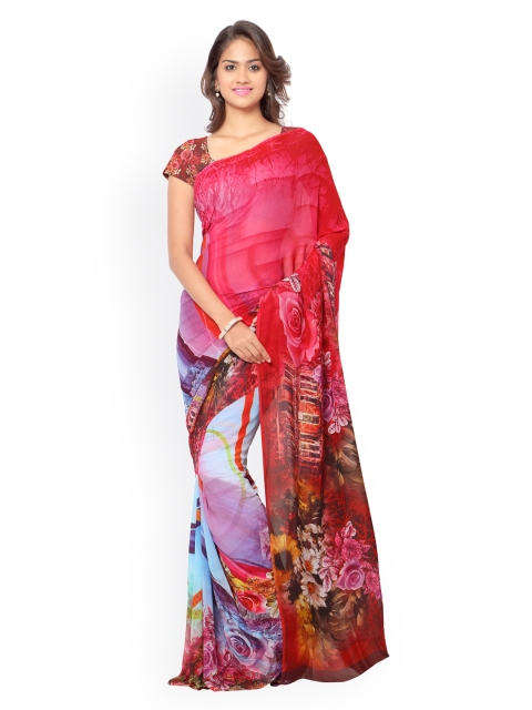 

Ligalz Red & Blue Chiffon Floral Print Saree