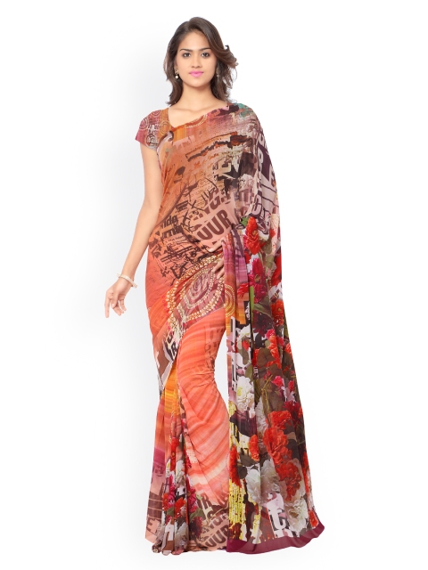

Ligalz Orange Chiffon Floral Print Saree