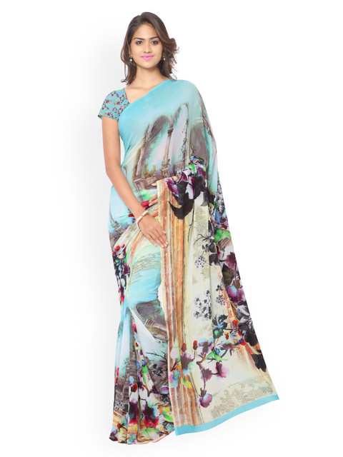 

Ligalz Blue Chiffon Floral Print Saree