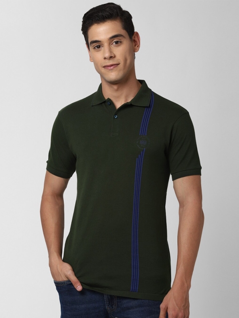 

Peter England Casuals Men Olive Green &Blue Striped Slim Fit Polo Collar T-shirt