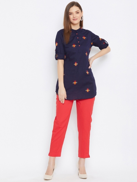 

Bitterlime Women Navy Blue & Red Printed Pure Cotton Tunic with Trousers