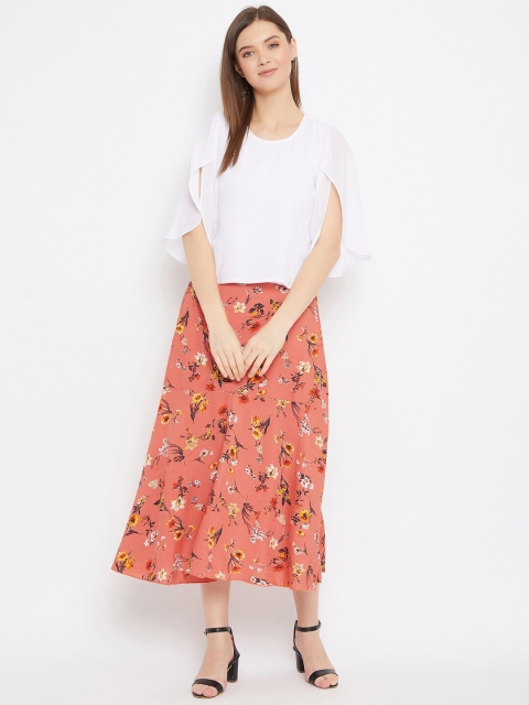 

Bitterlime Women White & Peach-Coloured Solid Top with Skirt