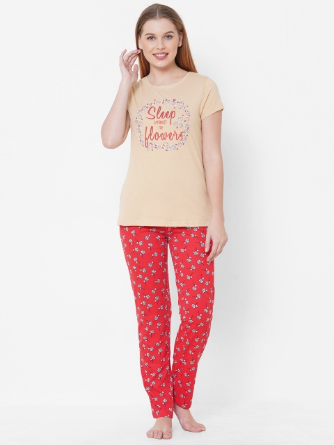 

Sweet Dreams Women Beige & Red Pure Cotton Printed Night suit