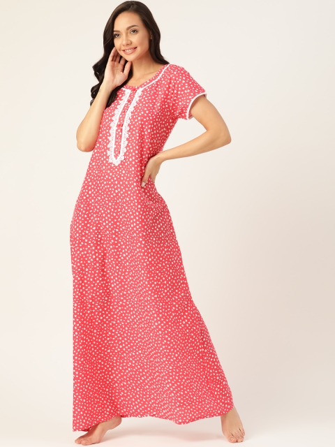 

Sweet Dreams Coral Red & White Pure Cotton Printed Maxi Nightdress