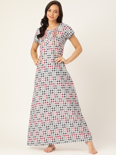 

Sweet Dreams Navy Blue & Pink Pure Cotton Checked Maxi Nightdress