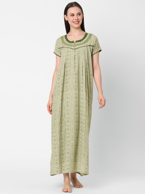 

Sweet Dreams Women Green & White Printed Maxi Nightdress