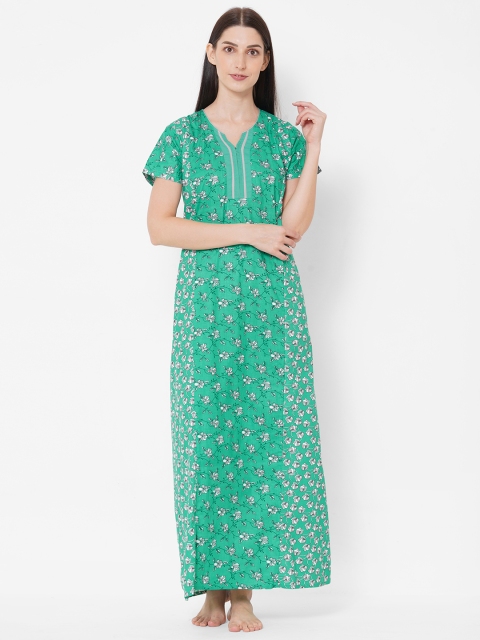 

Sweet Dreams Green & White Cotton Floral Printed Maxi Nightdress