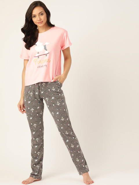 

Sweet Dreams Women Pink & Grey Printed Night suit