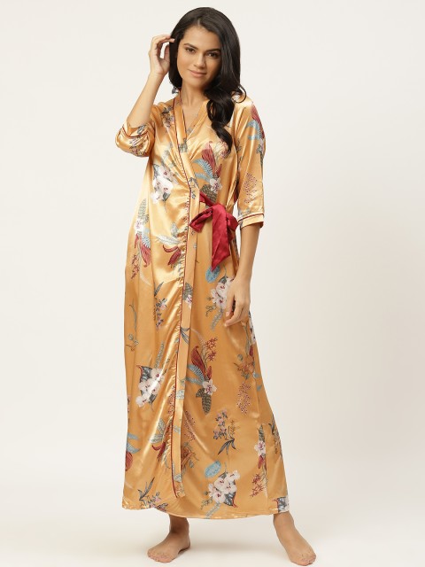 

Sweet Dreams Golden & Maroon Printed Satin Maxi Nightdress With Robe, Gold