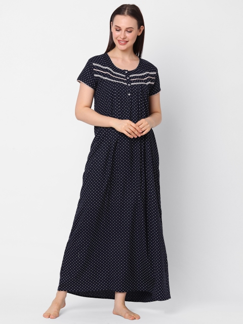 

Sweet Dreams Navy Blue & Whit Polka Dots Print Maxi Nightdress