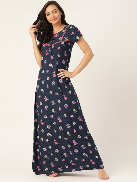 

Sweet Dreams Navy Blue & Pink Floral Printed Nightdress