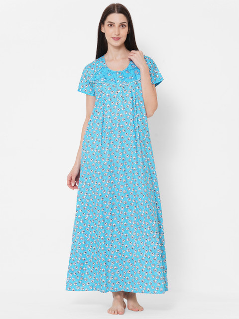 

Sweet Dreams Blue & White Cotton Floral Printed Maxi Nightdress