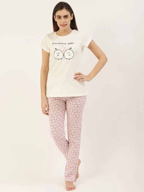 

Sweet Dreams Women White & Pink Pure Cotton Printed Night suit