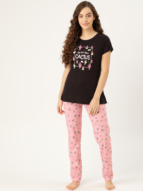 

Sweet Dreams Women Black & Pink Pure Cotton Printed Night suit