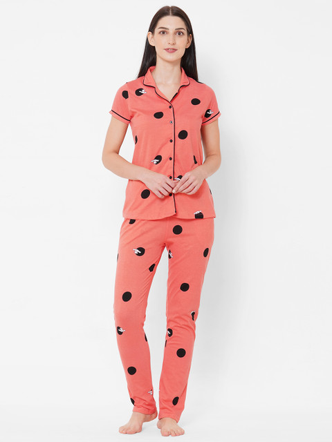 

Sweet Dreams Women Coral & Black Polka Dots Printed Pure Cotton Night Suit